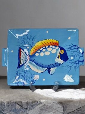 La Dolce Vita Hand-Painted Blue Tropical Fish Ceramic Serving Platter 19x13.5”